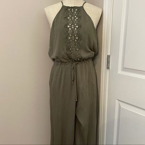 Olive Green Jumpsuit With Lace Accents